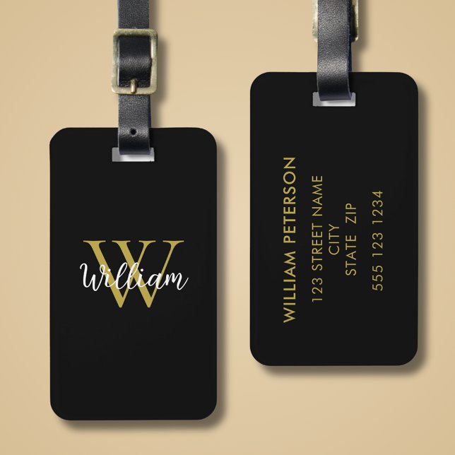 Modern Monogram Script Name Gepäckanhänger (Monogran Script Luggage Tag in black and gold with personalized name and text.)