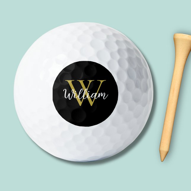 Modern Monogram Script Name Golfball (Modern stylish black and gold monogram personalized golf balls)