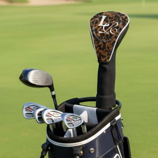 Modern Monogram Tortoise Shell Print Golf Headcover (Add a touch of chic charm with this Elegant Typography Monogram Tortoise Shell Design!)