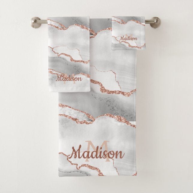 Modern Monogram White Agate Rose Gold Glitzer Badhandtuch Set (Insitu)