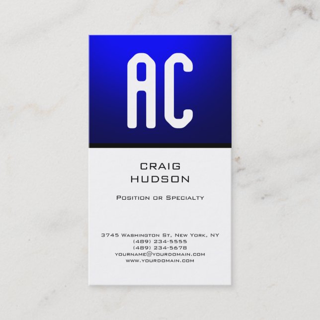 Modern Monogram White Blue Schlicht Business Card Visitenkarte (Vorderseite)