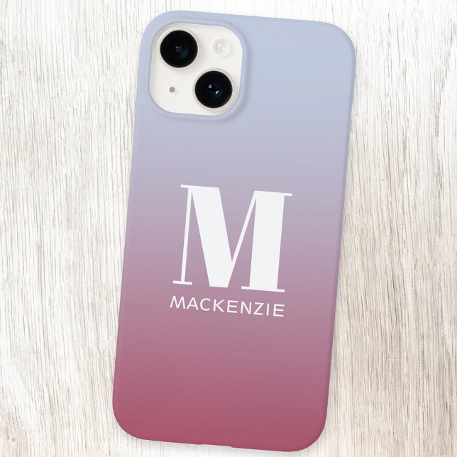 Modern Monogramm Anfangsname Pink Blue Gradient iPhone 14 Hülle (Simple modern monogram name personalized pink blue gradient iPhone case)