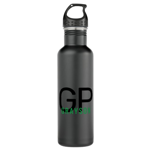 Modern Monogramm Name Schwarz/Grün Personalisiert Edelstahlflasche (Vorderseite)