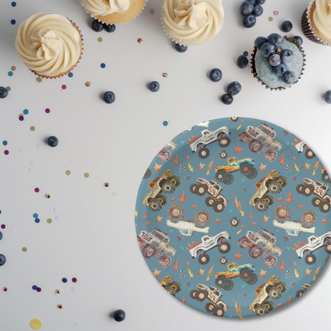 Modern Monster Truck Birthday Watercolor Blau Pappteller (Von Creator hochgeladen)