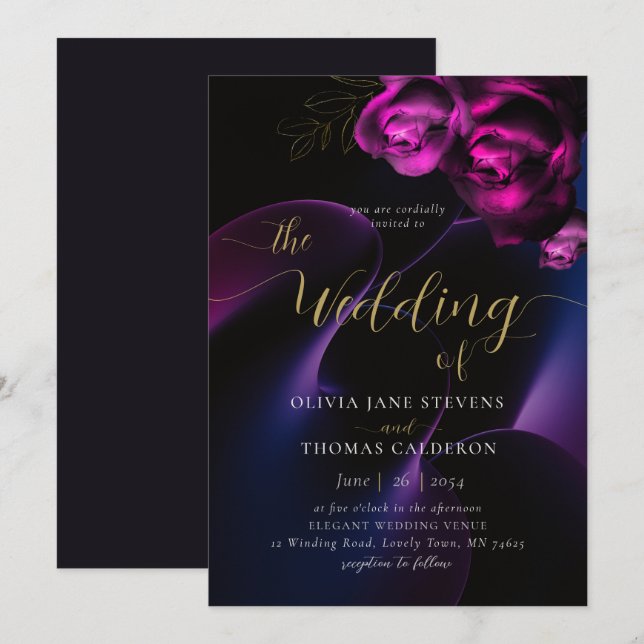 Modern Moody Black Lila Bright Floral Wedding Einladung (Vorne/Hinten)
