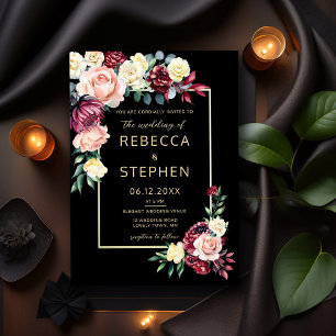 Modern Moody Burgundy Rose Floral Black Wedding Einladung