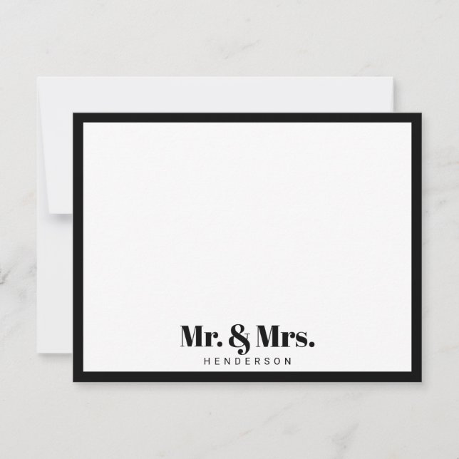 Modern Mr. and Mrs.. Ihr Nachname Schwarz-weiß Mitteilungskarte (Vorderseite)