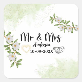 Modern mr & Mrs. weiß und grün Aquarellblumen Quadratischer Aufkleber