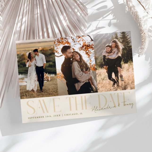 Modern Multi Photo Couple's Signature Cream Save The Date (Von Creator hochgeladen)