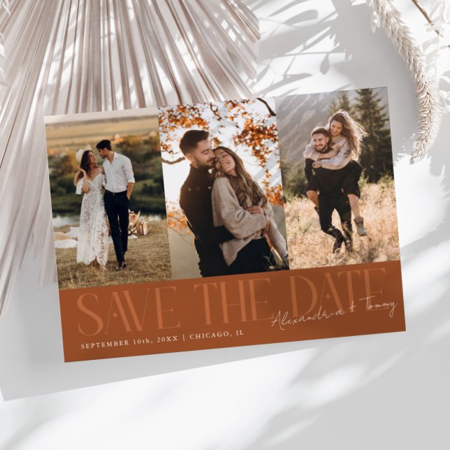 Modern Multi Photo Couple's Signature Terracotta Save The Date (Von Creator hochgeladen)