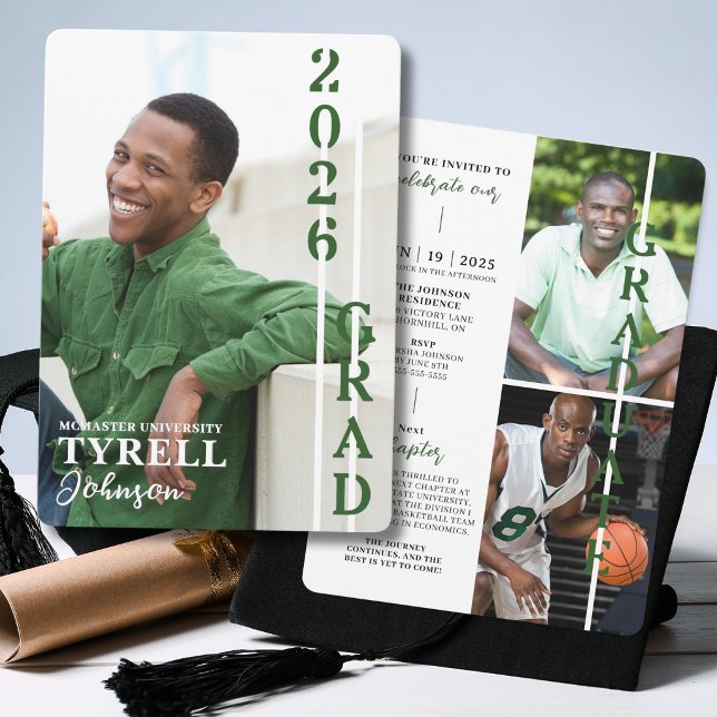 Modern Multi Photo Graduation Class of 2026 Einladung (Modern multi photo graduation announcement with vertical 2026 graduate design and custom details.)