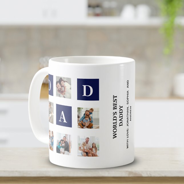 Modern multi-photo grid for dad Blue Kaffeetasse (Von Creator hochgeladen)