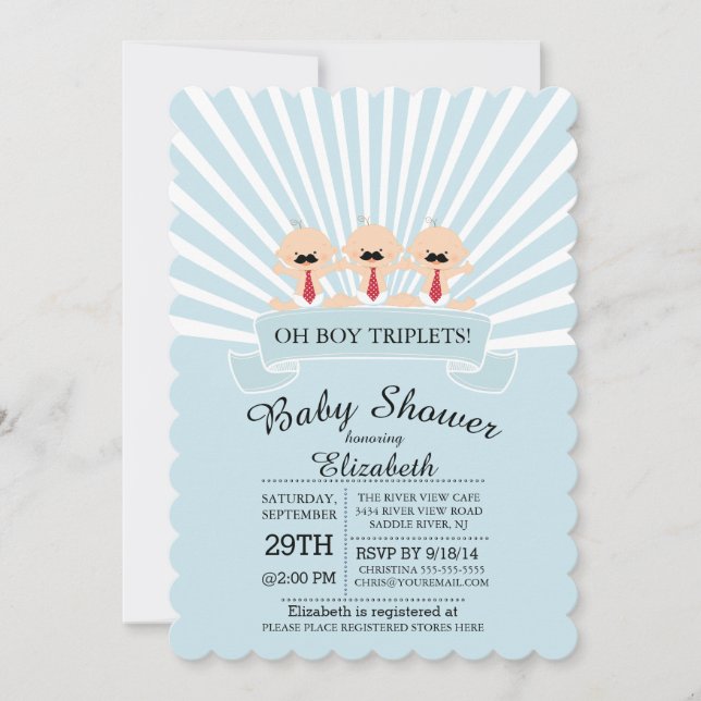 Modern Mustache Triplet Boy Baby Dusche Einladung (Vorderseite)