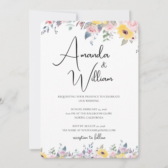 Modern Mustard Yellow and Lavender Floral Wedding Einladung (Vorderseite)