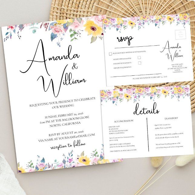 Modern Mustard Yellow and Lavender Floral Wedding Einladung (Modern Mustard Yellow and Lavender Floral Wedding Invitation)