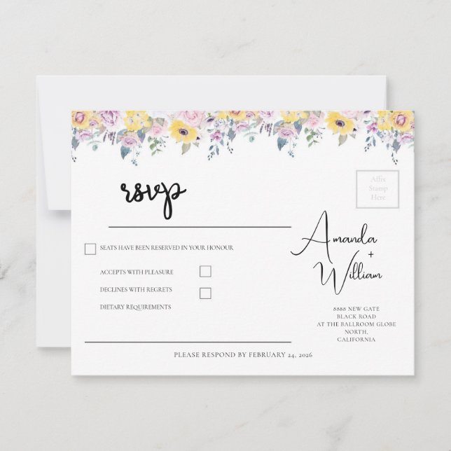 Modern Mustard Yellow and Lavender Floral Wedding RSVP Karte (Vorderseite)