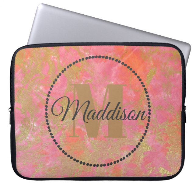 Modern Muster Monogram Ihr Name Rosa Marmor Gold Laptopschutzhülle (Vorderseite)