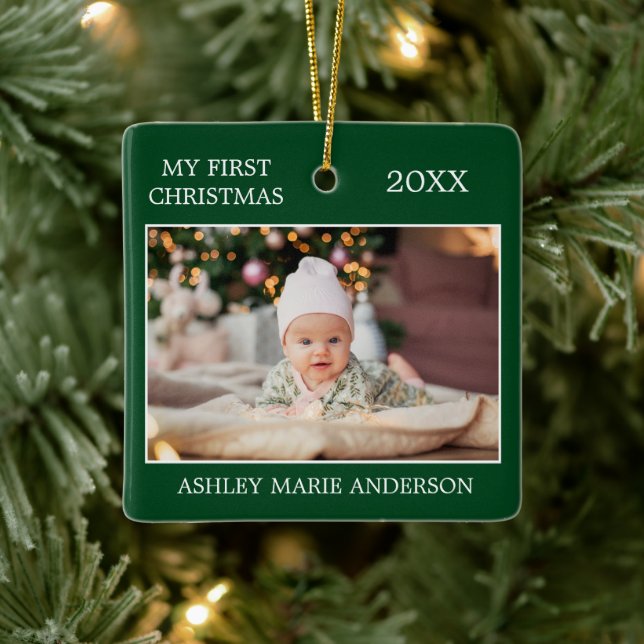 Modern My First Christmas Baby Foto Green Keramikornament (Baum)