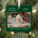 Modern My First Christmas Baby Foto Green Ornament Aus Metall<br><div class="desc">Modernes Elegantes First Christmas Metal Ornament - Baby Foto vorne und hinten</div>