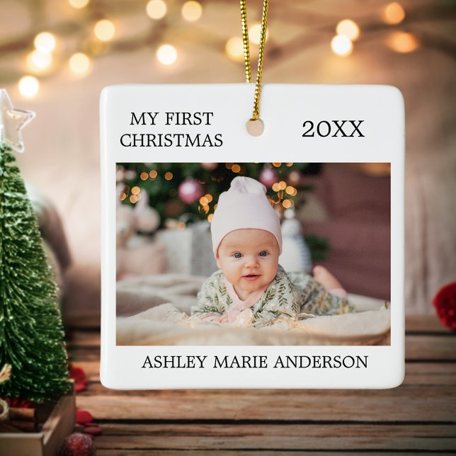 Modern My First Christmas Baby Foto Keramikornament (Customize to change text size or style.)