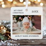 Modern My First Christmas Baby Foto Ornament Aus Metall<br><div class="desc">Modernes Elegantes First Christmas Metal Ornament - Baby Foto vorne und hinten</div>