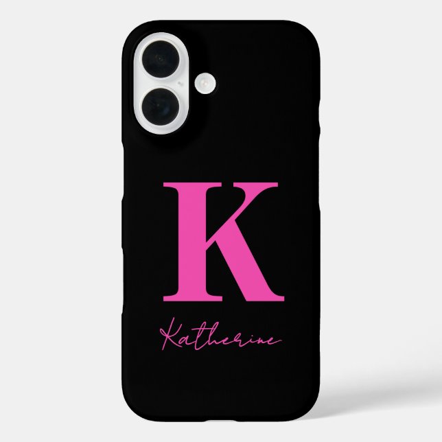 Modern Name Initial Black Pink Personalize iPhone 16 Hülle (Rückseite)