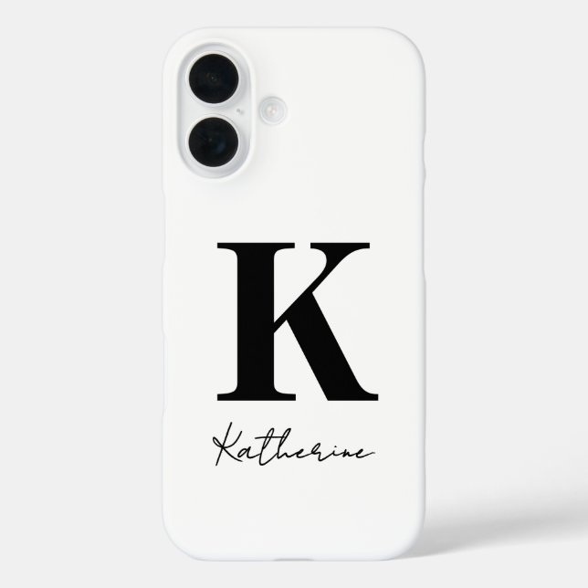 Modern Name Initial White Black Personalize iPhone 16 Hülle (Rückseite)