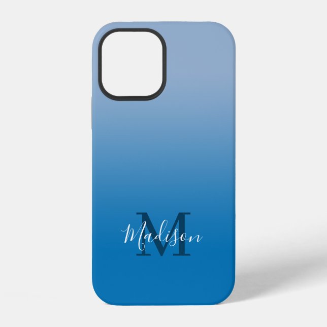 Modern Name Monogram Hell- zu Dunkelblauer Farbver iPhone 12 Hülle (Rückseite)