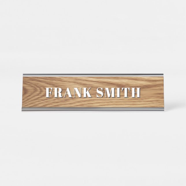 Modern Name Oak Wood Photo Schreibtischnamensplakette (Vorderseite )