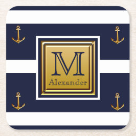 Modern Nautical Anchor Blue White Gold Monogram Rechteckiger Pappuntersetzer