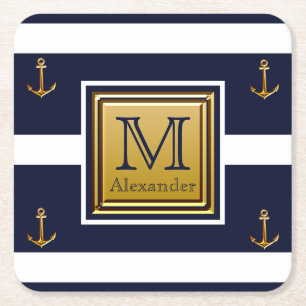 Modern Nautical Anchor Blue White Gold Monogram Rechteckiger Pappuntersetzer
