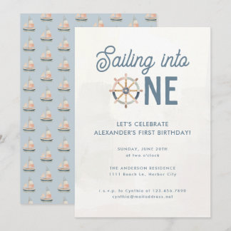 Modern Nautical Blue Pastel Kinder 1 Geburtstag Einladung