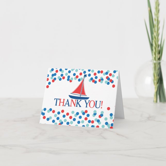 Modern Nautical Sailboat Boy Baby Dusche Vielen Da Dankeskarte (Vorderseite)