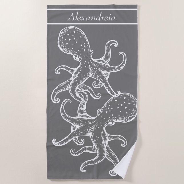 Modern Nautical White Octopus Octopus grau Strandtuch (Vorderseite)