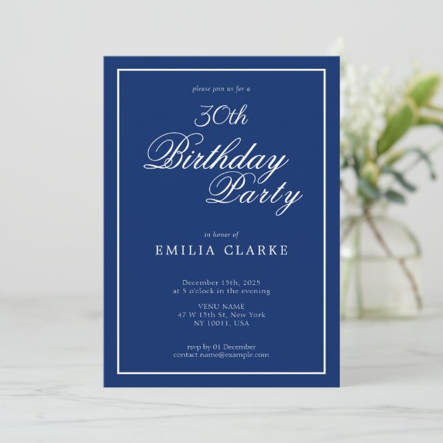 Modern Navy Birthday Party Invitations for Adults (Debout devant)