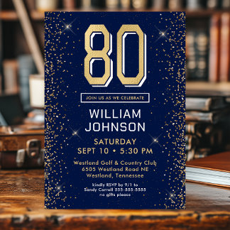 Modern Navy Blue 80. Geburtstag Einladung