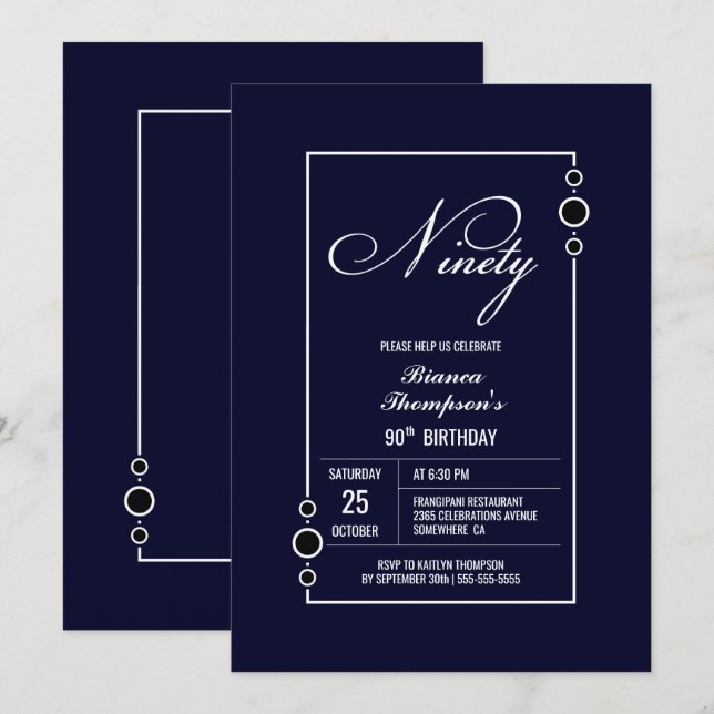 Modern Navy Blue 90. Geburtstagsparty Einladung (Vorne/Hinten)