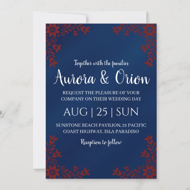 modern navy blue and burgundy wedding invitations einladung (Vorderseite)