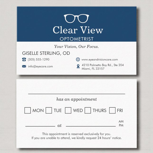 Modern Navy Blue Appointment Reminder Optometrist Terminkarte (Von Creator hochgeladen)
