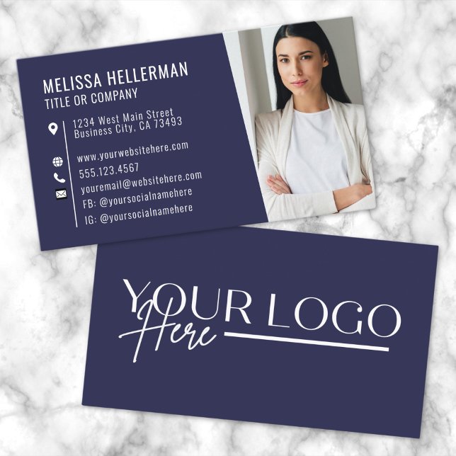 Modern Navy Blue Beruflich Foto Logo Visitenkarte (Modern Navy Blue Professional Photo Logo Business Card)