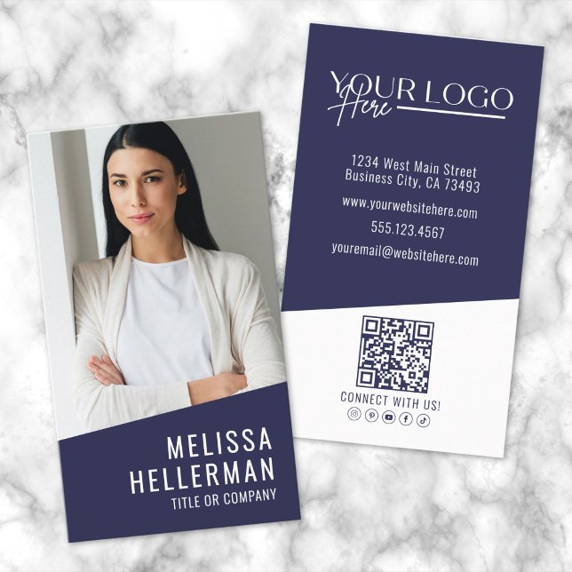 Modern Navy Blue Beruflich QR Code Foto Logo Visitenkarte (Modern Navy Blue Professional QR Code Photo Logo Business Card )
