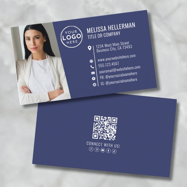 Modern Navy Blue Beruflich QR Code Foto Logo Visitenkarte (Modern Navy Blue Professional QR Code Photo Logo Business Card)