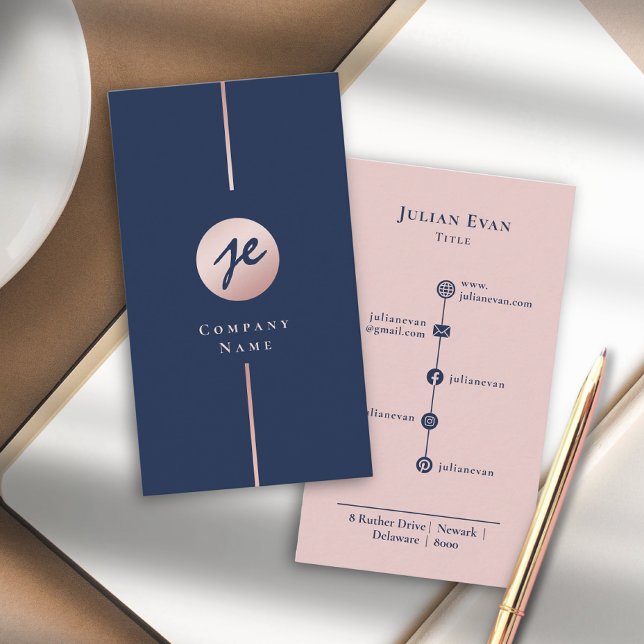 Modern Navy Blue & Blush Pink Rose Gold Monogram Visitenkarte (Modern Navy Blue & Blush Pink Rose Gold Monogram Business Card)