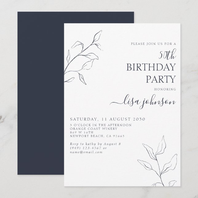 Modern Navy Blue Botanical 50. Geburtstag Einladung (Vorne/Hinten)
