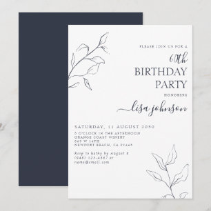 Modern Navy Blue Botanical 60. Geburtstag Einladung