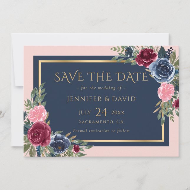 Modern Navy Blue Burgundy Blush Gold Floral Save The Date (Vorderseite)