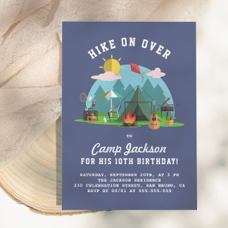 Modern Navy Blue Camping Birthday Party Einladung