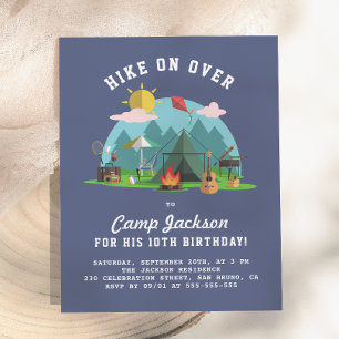 Modern Navy Blue Camping Birthday Party Einladungspostkarte