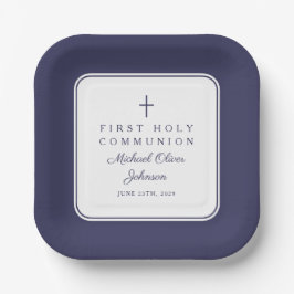 Modern Navy Blue Cross Boy First Communion Pappteller