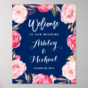 Modern Navy Blue Floral Wreath Wedding Sign Poster